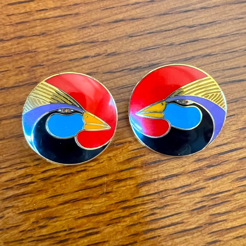 Vintage Laurel Burch Harlequin Bird Round Enamel Gold Tone Stud Earrings